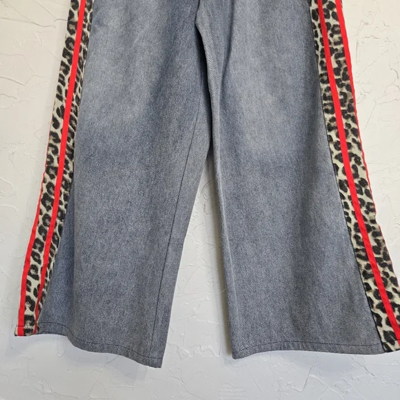 Jodifl Wide Leg Red Leopard Striped Track Elastic Waist Jeans, M - Picture 4 of 10